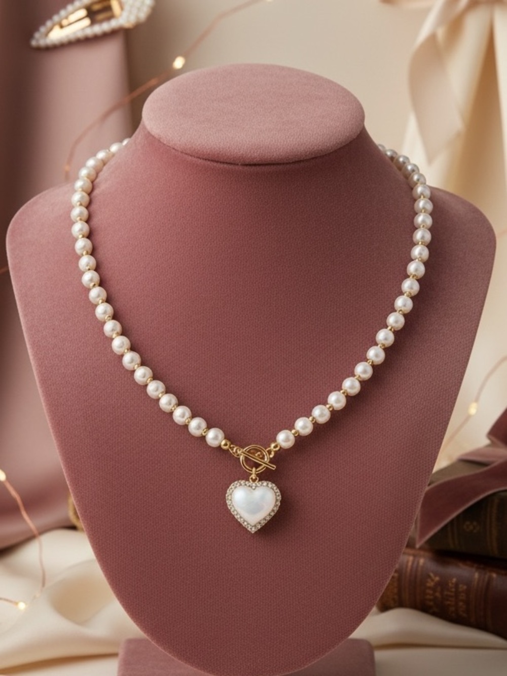 Coquette Pearl Heart Choker Vintage Glam Bling Necklace Princesscore Regency Y2K